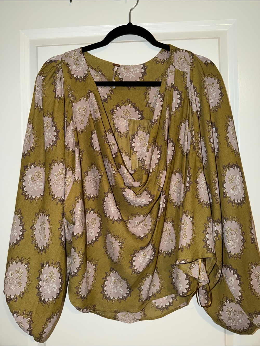 Free People Olive Green Floral Cowl Neck Blouse